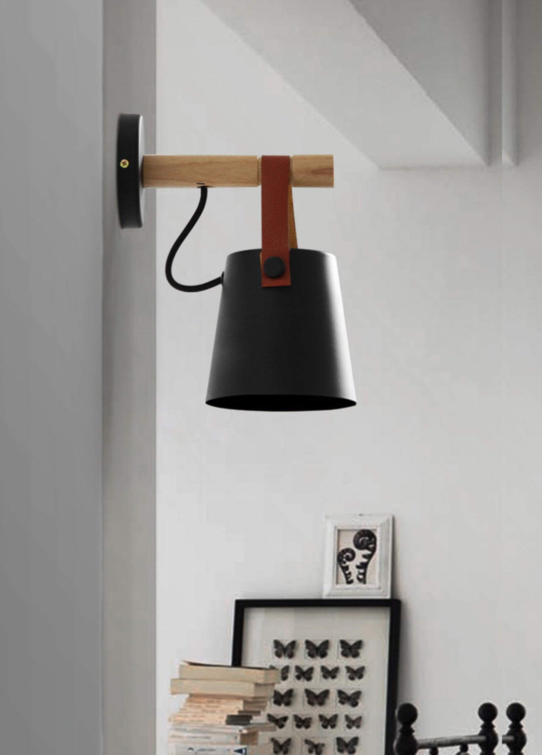 Conical Wooden Wall Light with Leather Strap