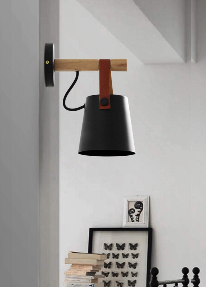 Conical Wooden Wall Light with Leather Strap