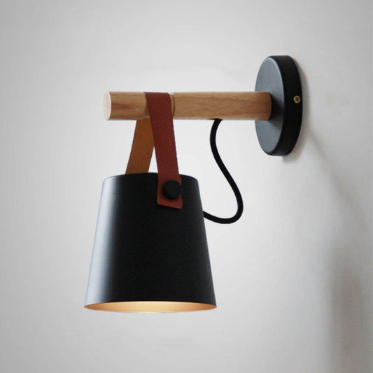 Conical Wooden Wall Light with Leather Strap
