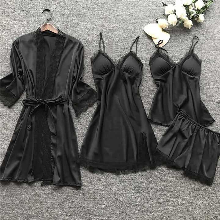 Women's 5-Piece Satin Sleepwear Set with Lace
