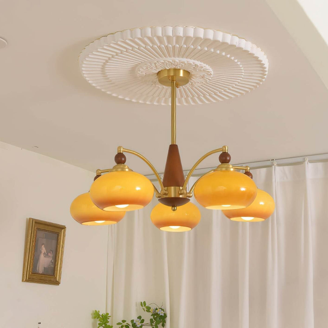 Retro Wood & Brass Chandelier