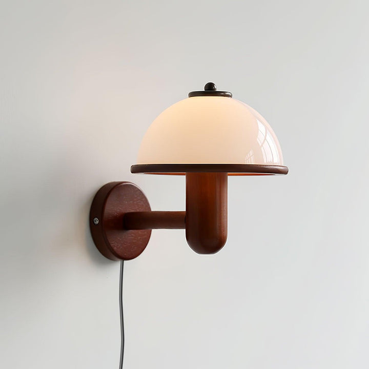 Oak Wood Mushroom Wall Light with White Shade