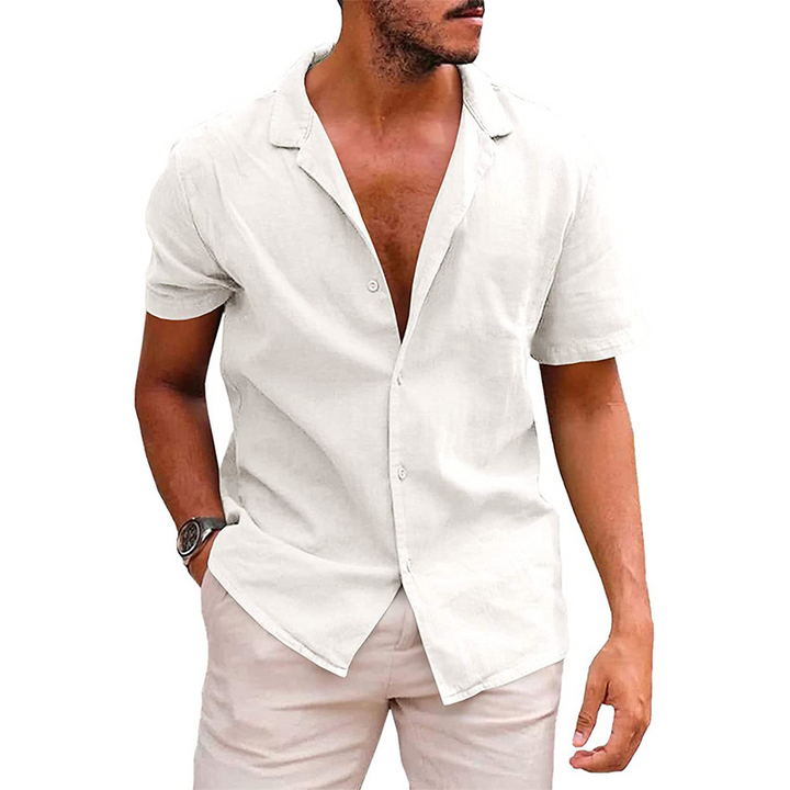 "Casual men's short-sleeve button-down shirt with a relaxed fit and open collar in light blue, perfect for summer comfort."