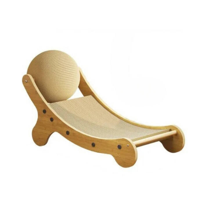 "Cat scratching post with sisal column and ball, offering a play area and furniture protection, made of natural materials."