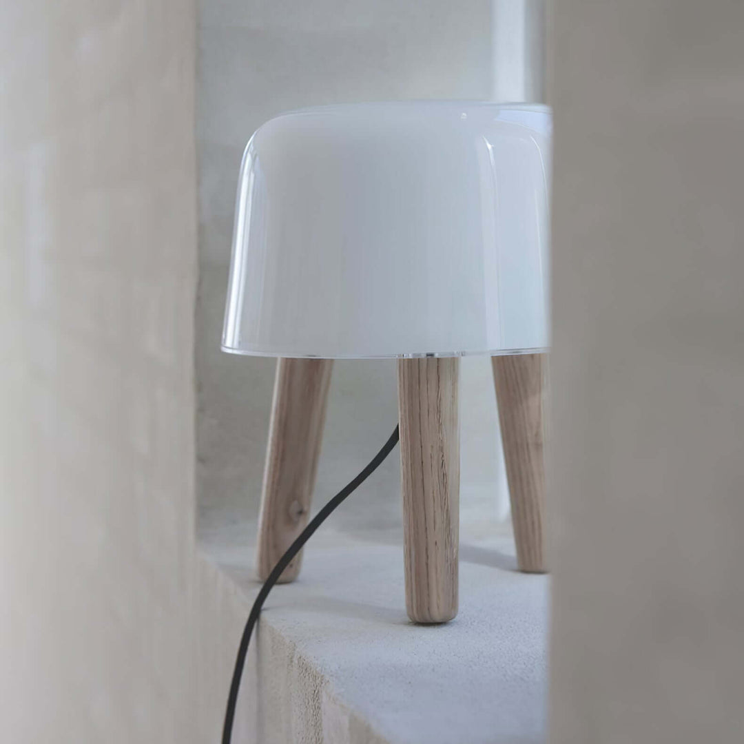 Wooden Tripod Table Lamp with Glass Shade