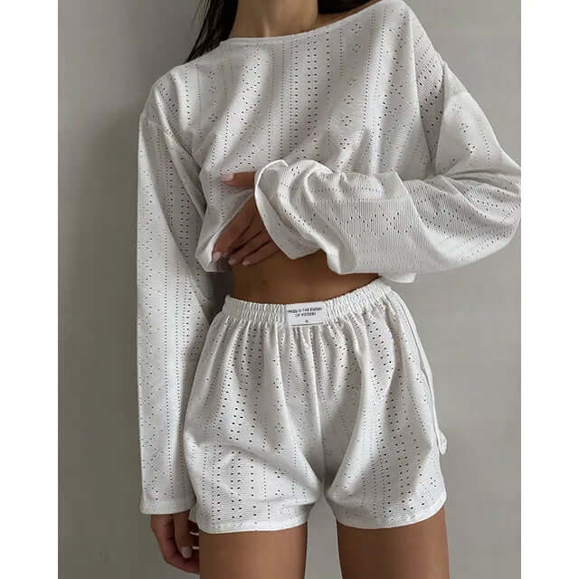 Women's Eyelet Knit Lounge Set - Crop Top & Shorts