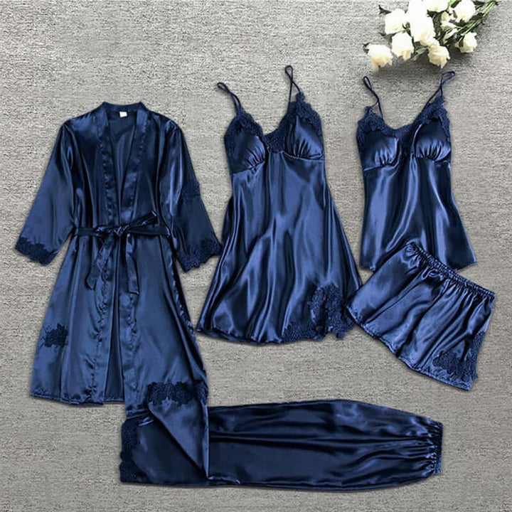 Women's 5-Piece Satin Sleepwear Set with Lace