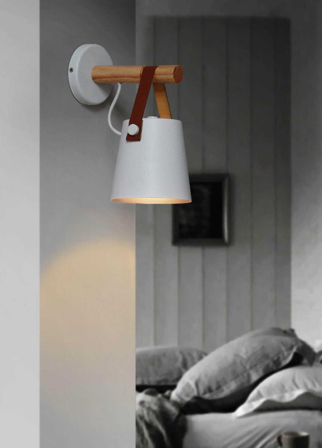 Conical Wooden Wall Light with Leather Strap