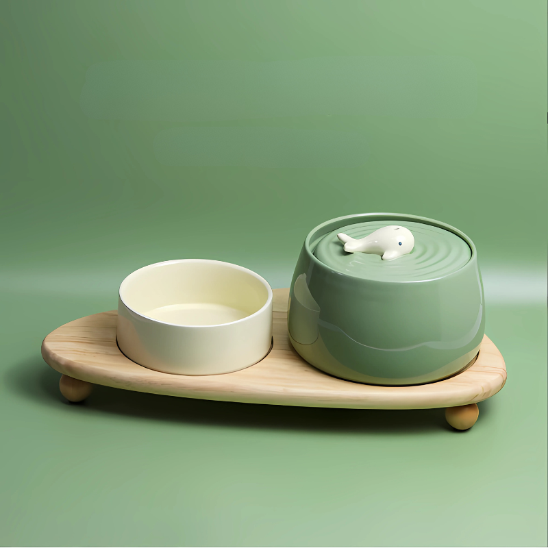 Ceramic pet bowl with quiet filtration; stylish design in beige or green, ensures fresh water and complements home decor.