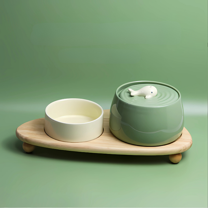 Ceramic pet bowl with quiet filtration; stylish design in beige or green, ensures fresh water and complements home decor.