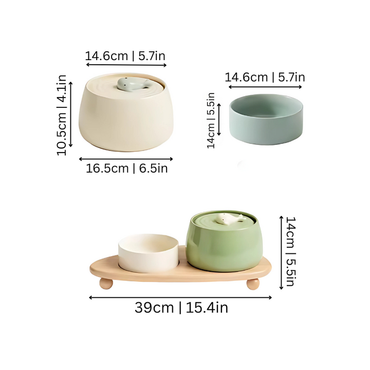 Ceramic pet bowl with quiet filtration; stylish design in beige or green, ensures fresh water and complements home decor.