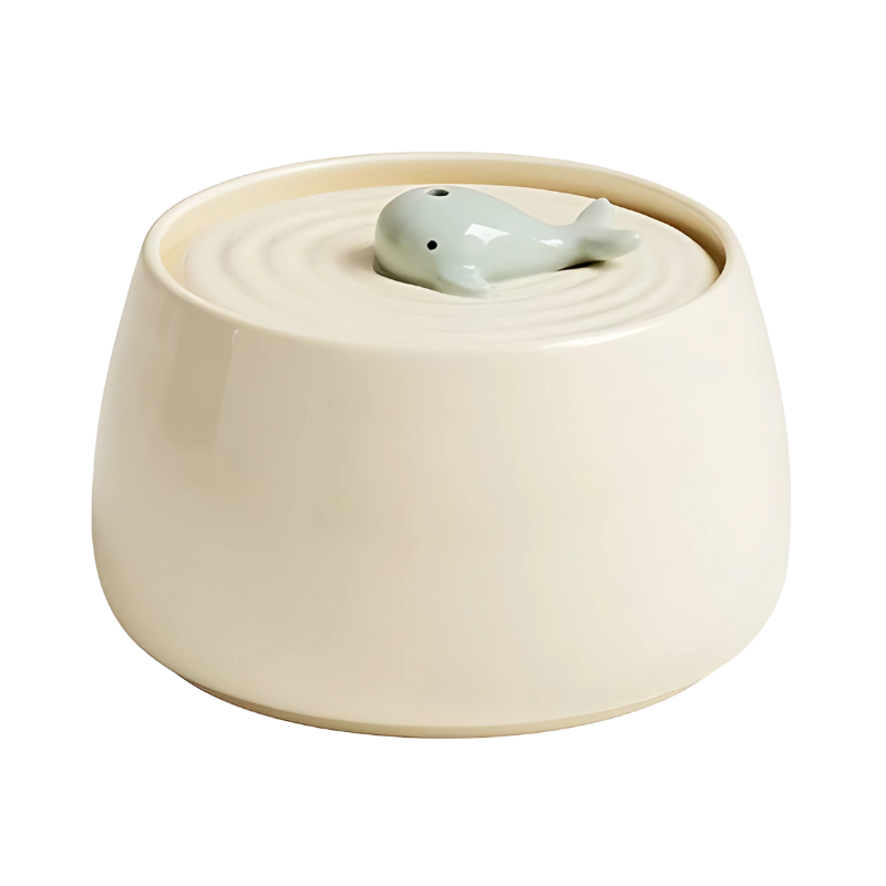 Ceramic pet bowl with quiet filtration; stylish design in beige or green, ensures fresh water and complements home decor.
