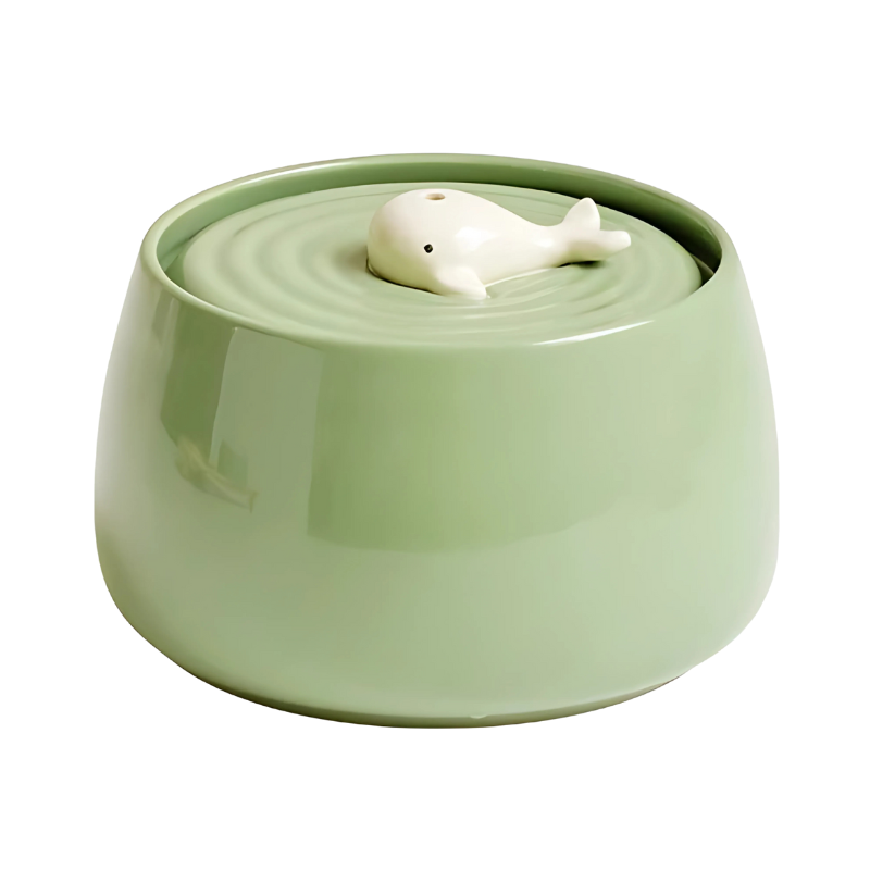 Ceramic pet bowl with quiet filtration; stylish design in beige or green, ensures fresh water and complements home decor.