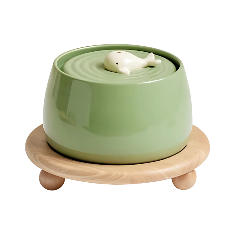 Ceramic pet bowl with quiet filtration; stylish design in beige or green, ensures fresh water and complements home decor.