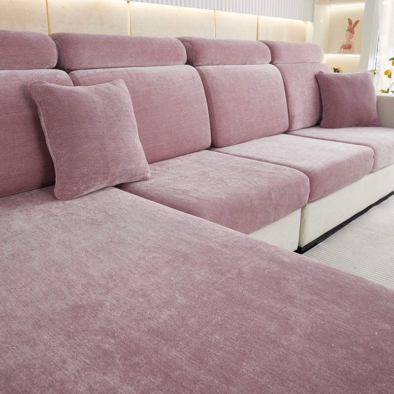 "Chenille sectional sofa cover in smoke color, fits snugly on sectional sofas to protect against wear, spills, and stains."