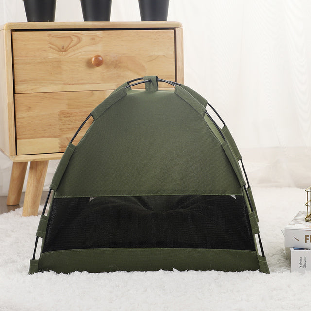 Chic semi-enclosed Tail-Trooper Cat Tent Bed in Army Green, offering cozy comfort for pets indoors or outdoors.