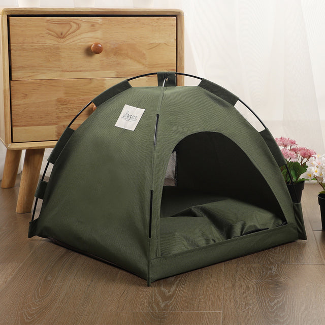 Chic semi-enclosed Tail-Trooper Cat Tent Bed in Army Green, offering cozy comfort for pets indoors or outdoors.