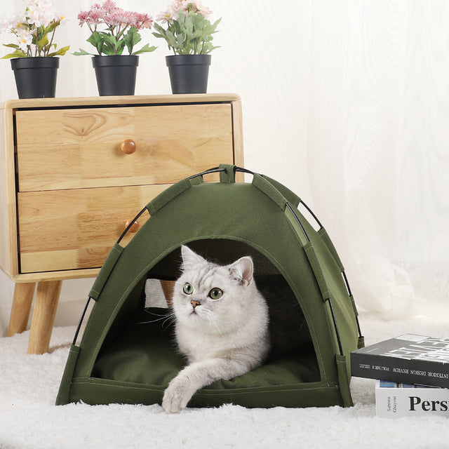 Chic semi-enclosed Tail-Trooper Cat Tent Bed in Army Green, offering cozy comfort for pets indoors or outdoors.