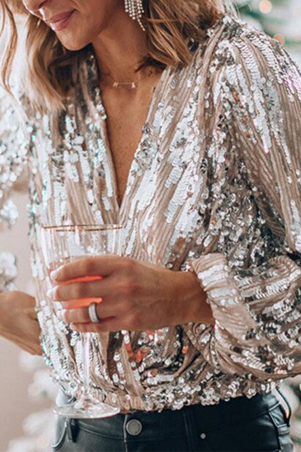 Chic silver blouse for women, front view; elegant party and casual style, flattering fit, versatile wardrobe staple.