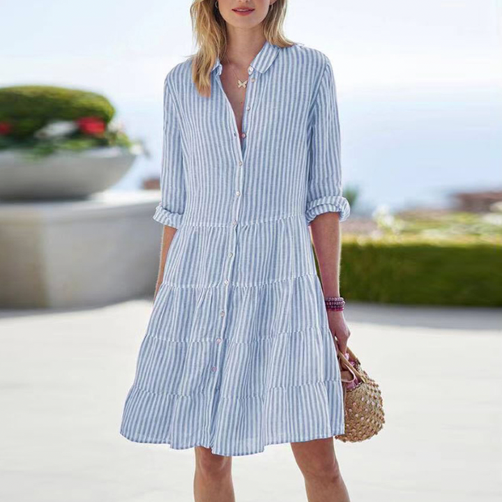 Lightweight women's summer midi dress, button-down style, perfect for breezy beach days, vacation, or casual elegance.