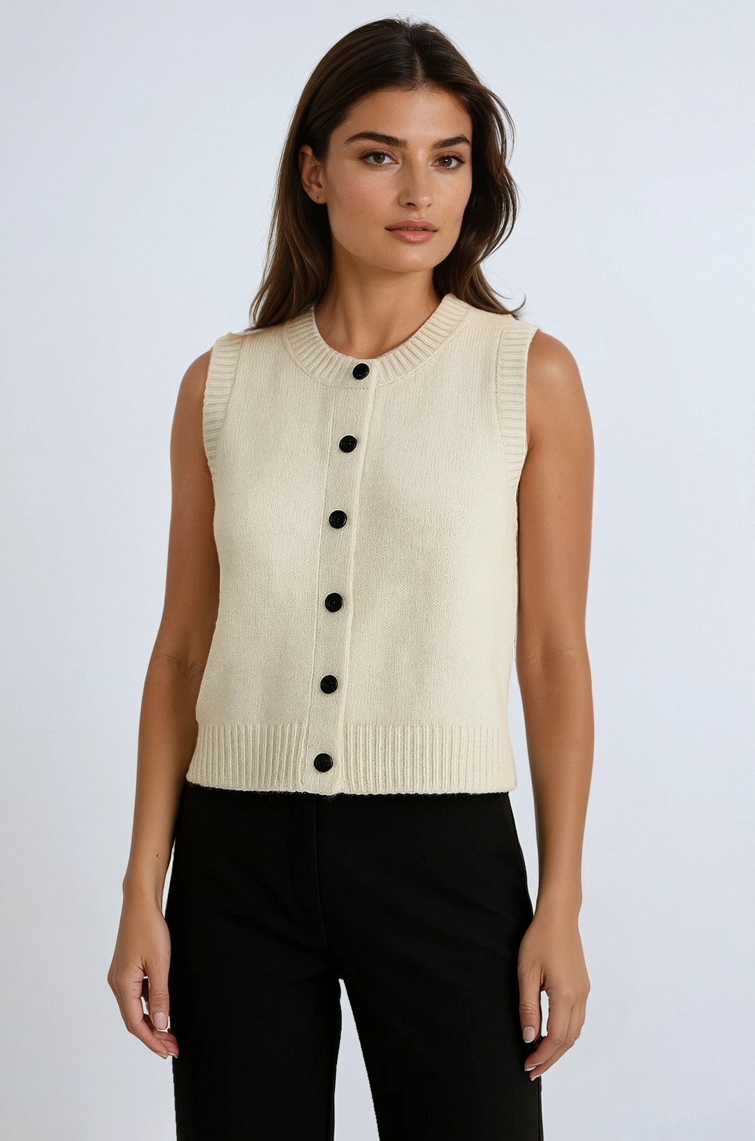 Chic women's button-up sweater vest in apricot, perfect for effortless layering and transitional fashion.