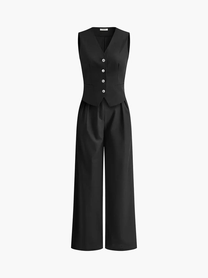 Modern women's two-piece set: linen blend waistcoat and flowy wide-leg trousers. Perfect for warm weather.