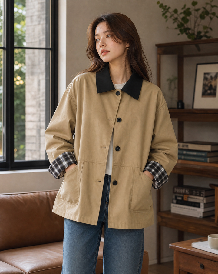Chic women's dark beige button-up jacket with contrast trim, perfect for fall fashion & elegant layering.