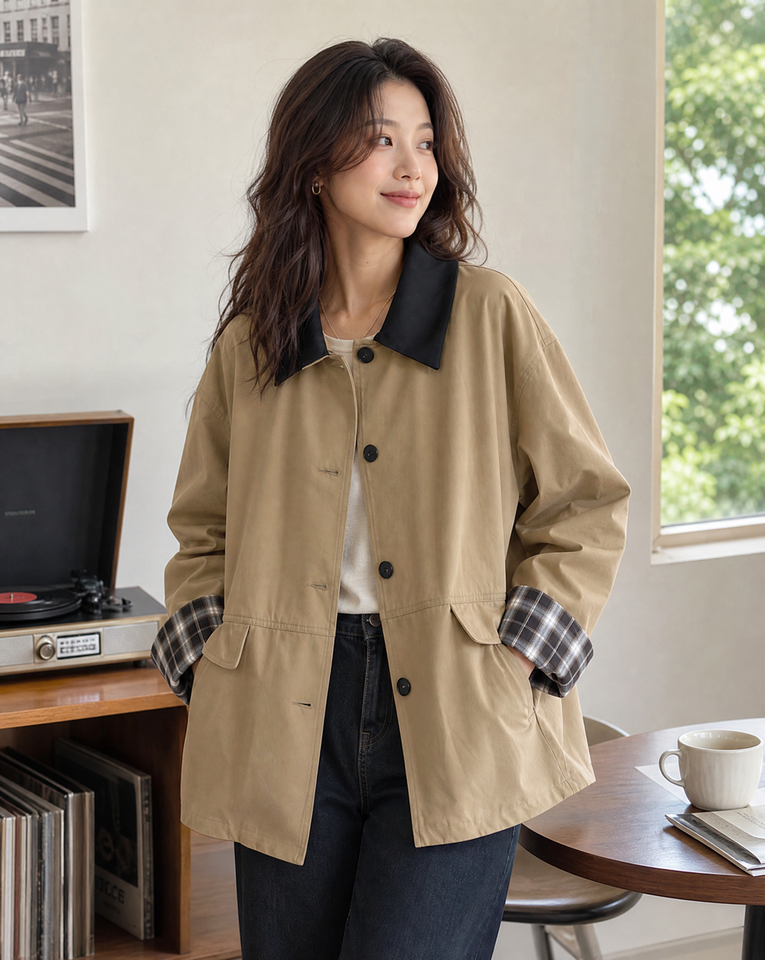 Dark beige women's button-up jacket featuring stylish contrast trim & subtle plaid detail, versatile outerwear.