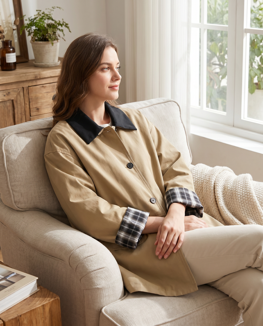 Versatile women's dark beige button-up jacket, ideal for fall & winter layering, with chic contrast trim.