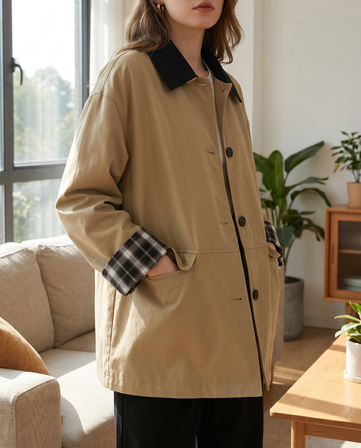 Elegant women's dark beige button-up jacket, a chic outerwear piece with contrast trim for effortless style.