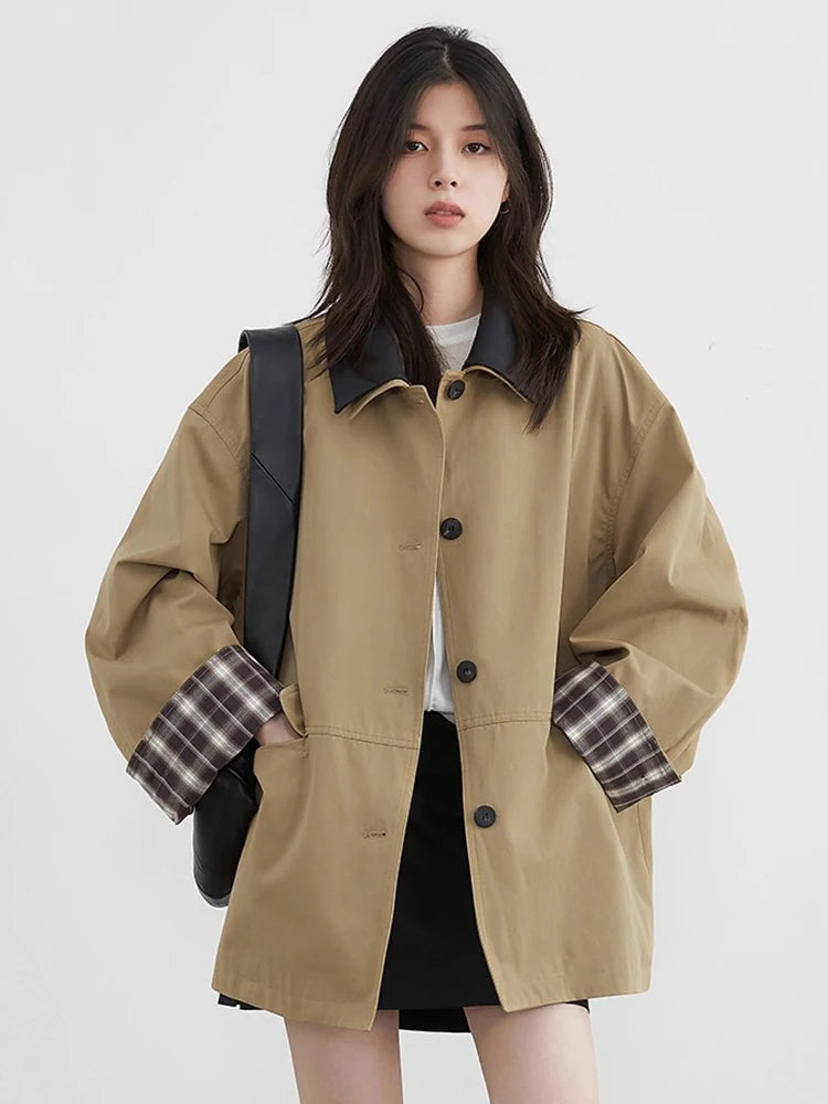 Effortlessly chic women's dark beige button-up jacket with contrast plaid trim, a stylish fall & winter layering piece.