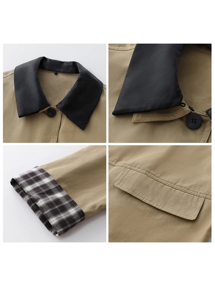 Women's dark beige button-up jacket, chic with contrast trim & plaid details. Perfect fall/winter outerwear.