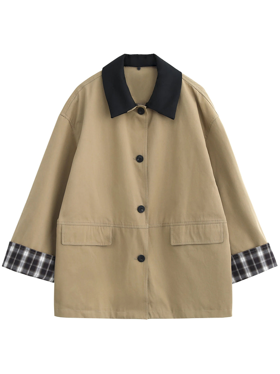 Women's casual elegant dark beige button-up jacket, featuring chic contrast trim, a versatile layering piece.