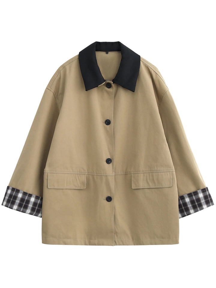 Women's casual elegant dark beige button-up jacket, featuring chic contrast trim, a versatile layering piece.