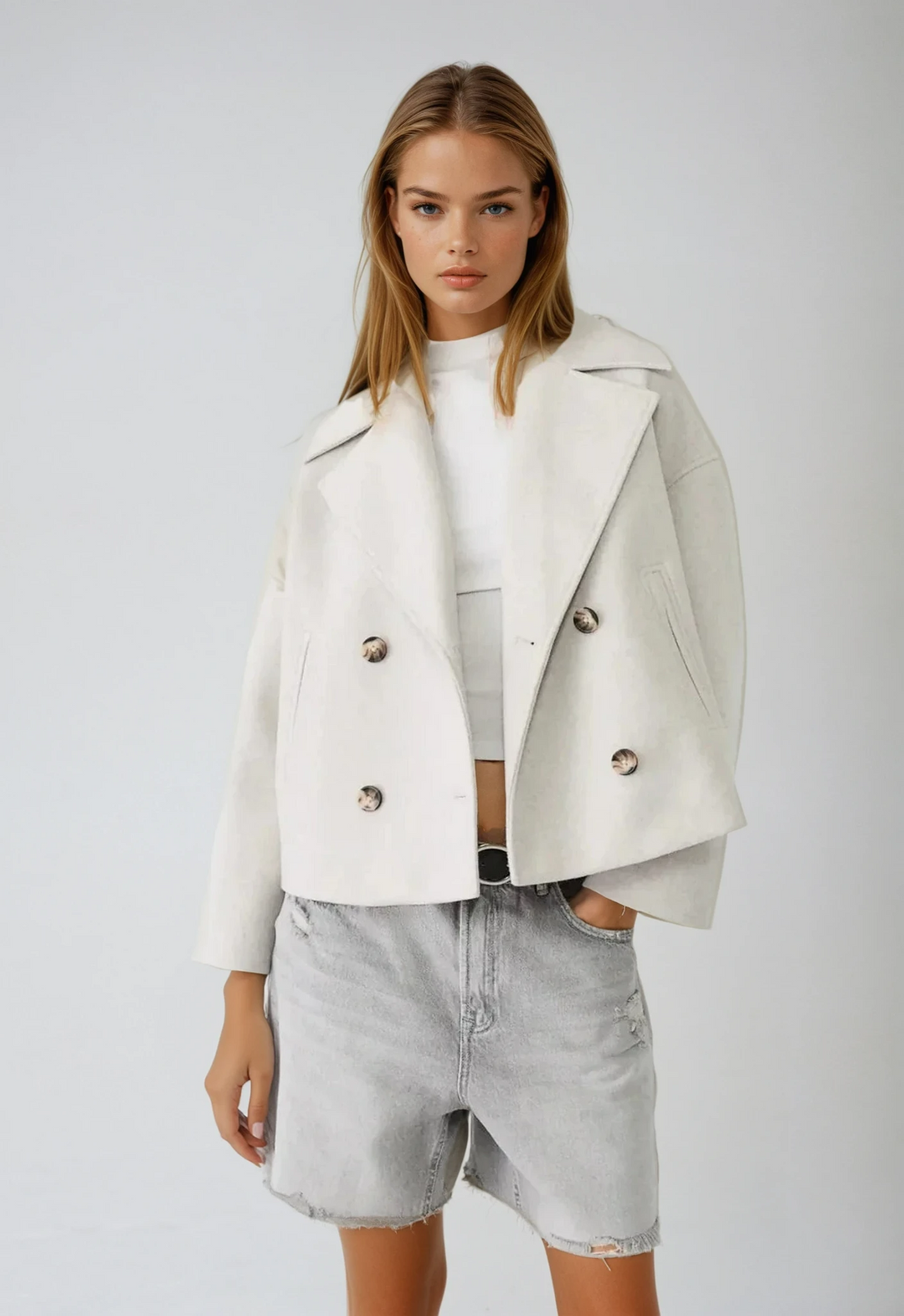 Chic women's double-breasted short coat jacket, perfect modern outerwear.