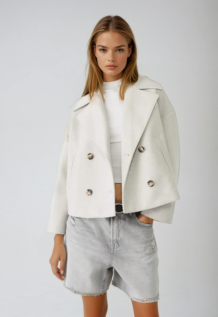 Chic women's double-breasted short coat jacket, perfect modern outerwear.