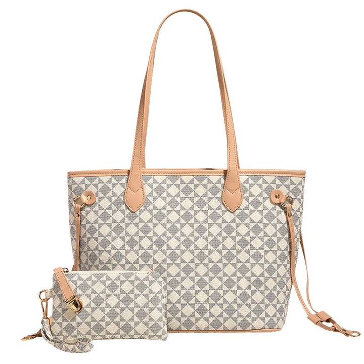 Chic women's geometric pattern tote bag. Stylish and versatile shoulder bag perfect for work or travel.