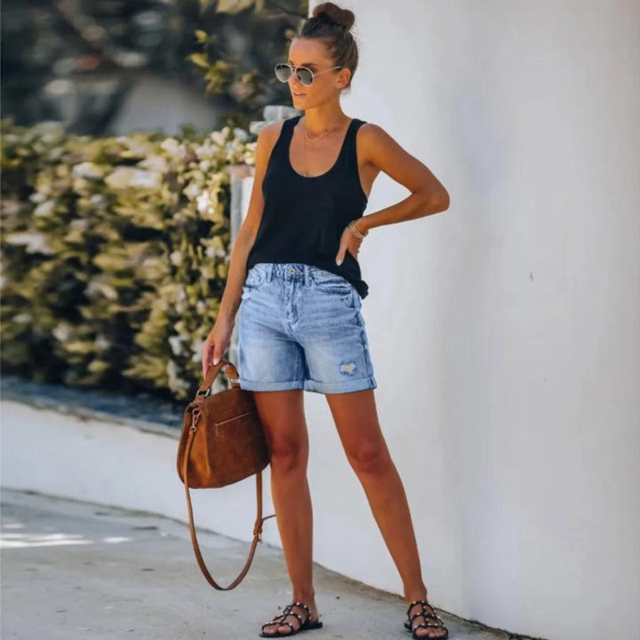 Women's high waist blue shorts, a must-have for trendy summer fashion and comfortable casual wear.