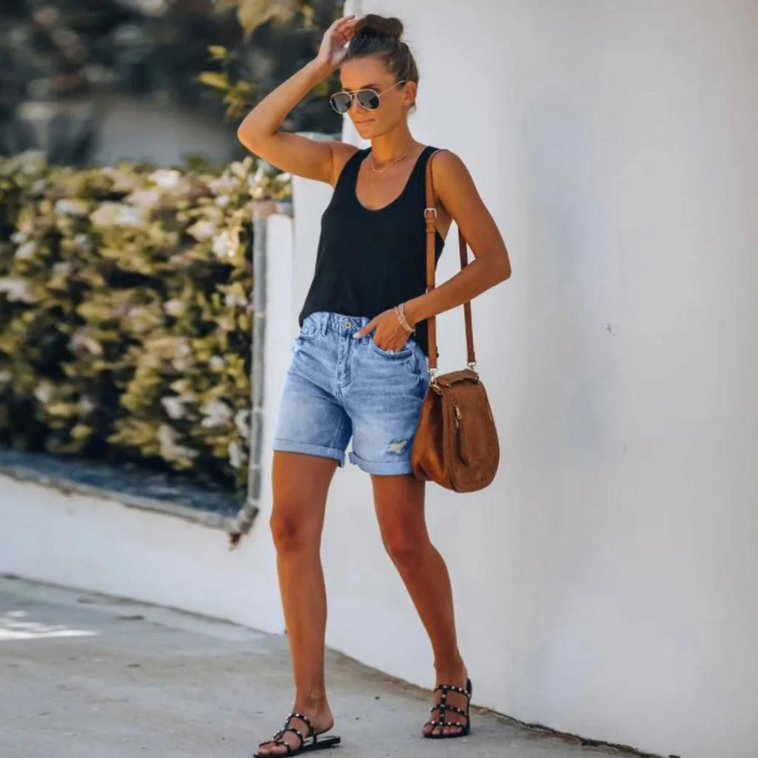 Versatile women's high waist blue shorts, great for chic summer style and comfortable everyday wear.
