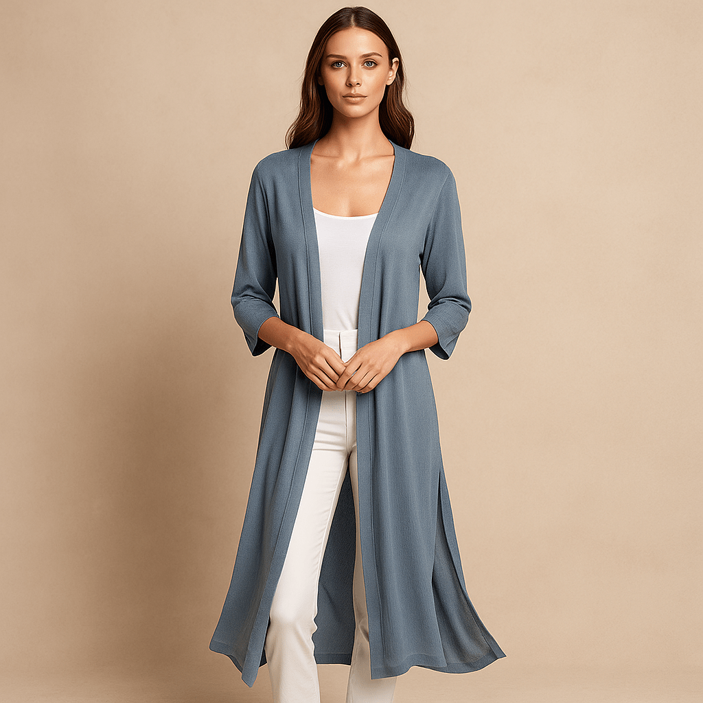 Chic women's long open-front cardigan, a versatile layering piece for cozy and stylish autumn fashion.
