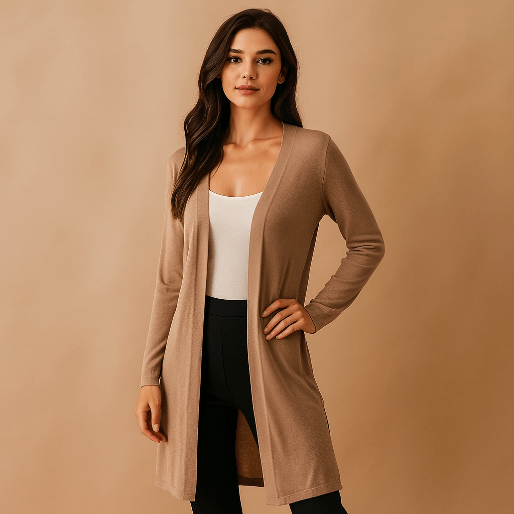 Cozy women's long knit cardigan, perfect for comfortable autumn and winter layering and chic outerwear.