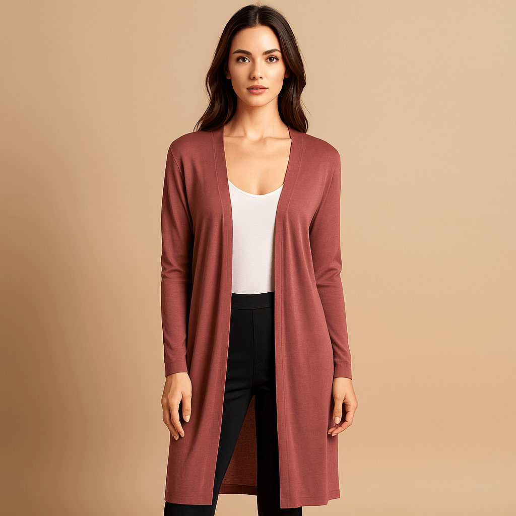 Versatile women's long duster cardigan in a soft fabric, ideal for stylish and comfortable everyday wear.