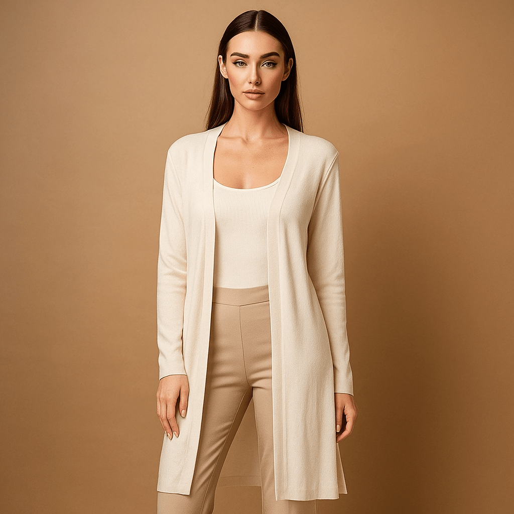 Elegant women's open-front long cardigan, a chic and cozy addition for versatile autumn winter outfits.