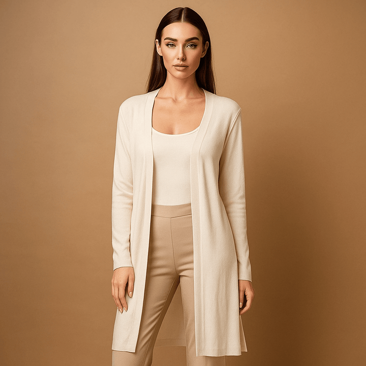 Elegant women's open-front long cardigan, a chic and cozy addition for versatile autumn winter outfits.