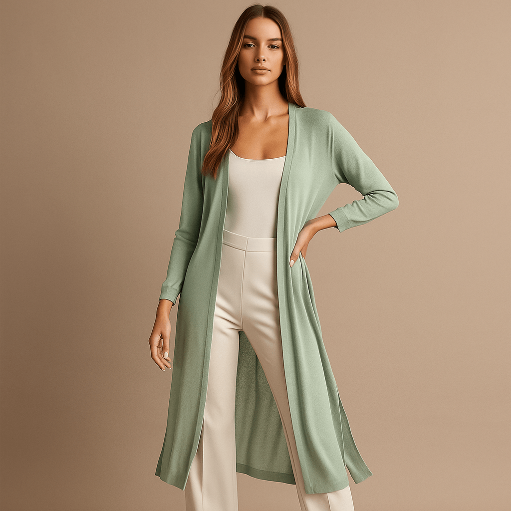 Fashionable women's long cardigan, perfect for stylish layering, offering comfort and versatility in any season.