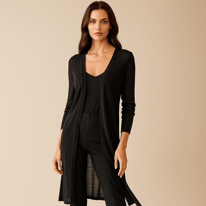 Comfortable long women's cardigan, an essential open-front piece for cozy and chic autumn winter outerwear.