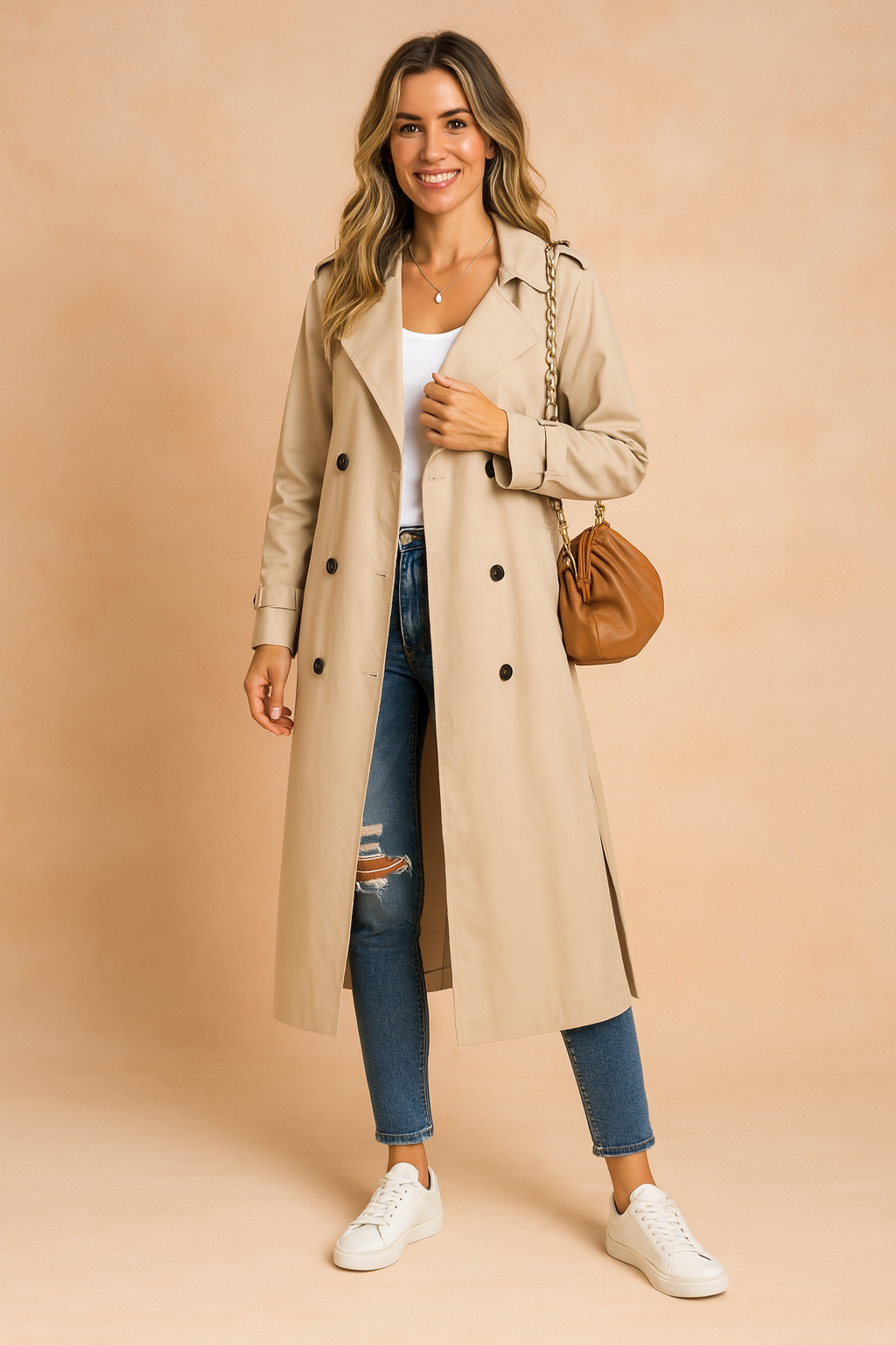 Chic women's long urban trench coat, elegant fall fashion outerwear, perfect for spring jackets & winter style.