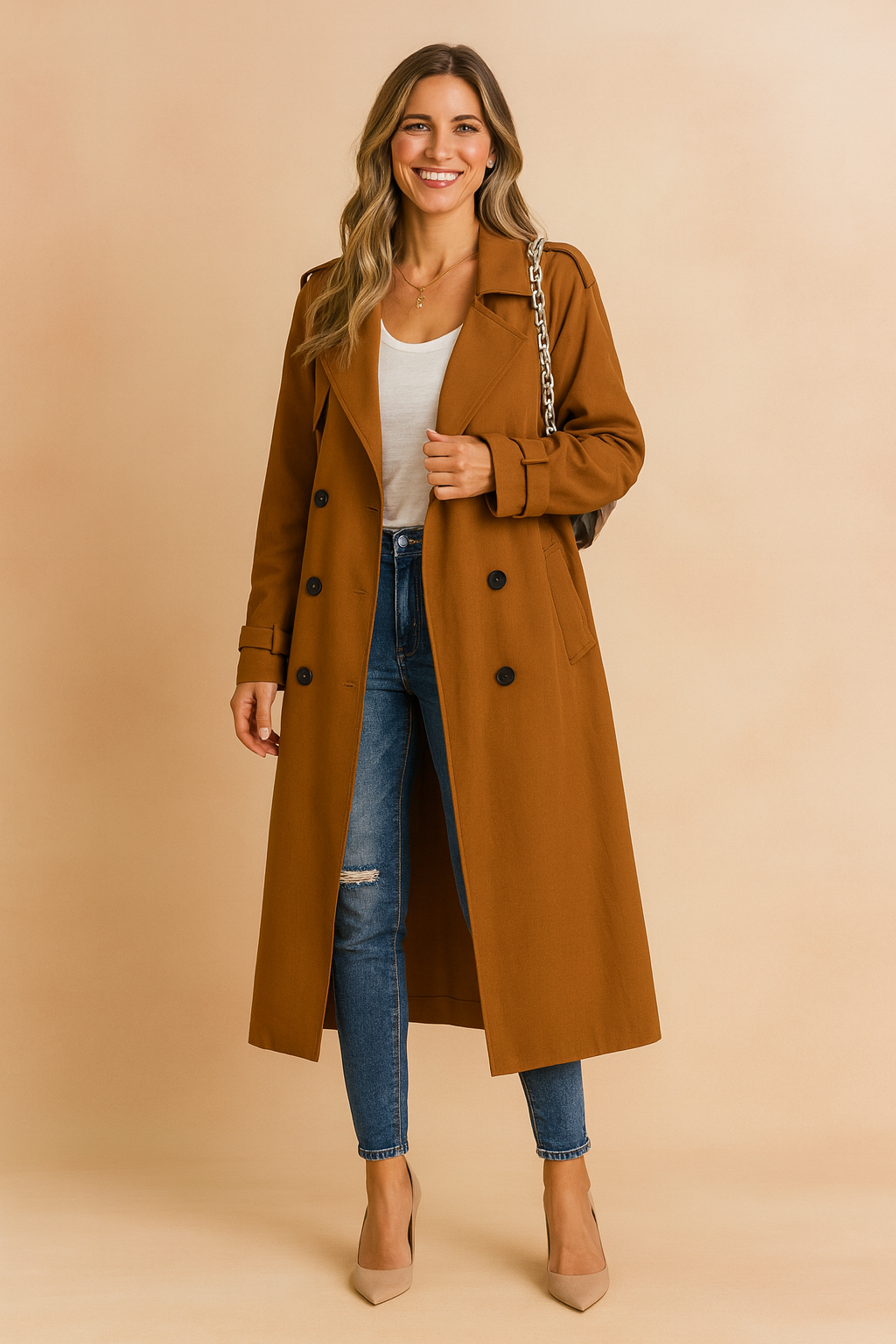 Elegant double-breasted women's trench coat, versatile urban outerwear for fall & spring fashion.