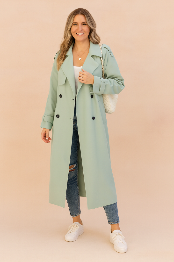 Fashionable women's long trench coat, modern classic urban style, chic outerwear for fall & winter.