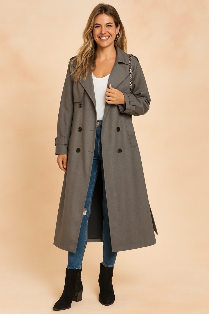Women's long urban trench coat, versatile and elegant fall fashion outerwear, great for spring jackets.